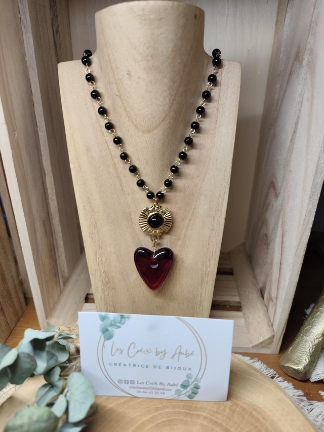 COLLIER CHAPELET NOIR/ COEUR ROUGE 0000395