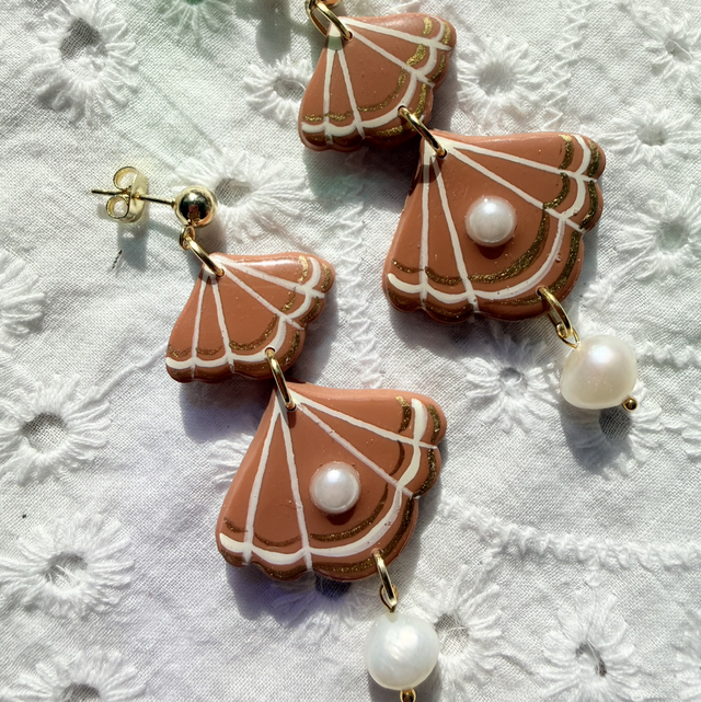RHEA - Scalloped Shell Shaped Statement earrings with Pearl drops