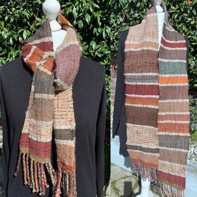 Handwoven Autumn Leaves Scarf with Cream Stripes - Unisex