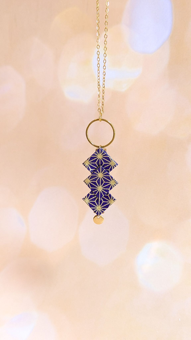 Zigzae - Sautoir origami et acier inoxydable doré - Bleu étoile 