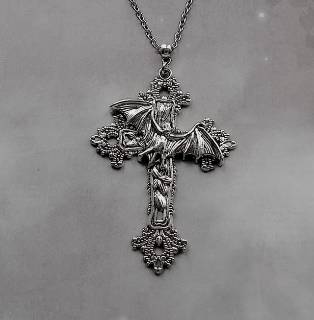 Gothic Bat and Cross Necklace 