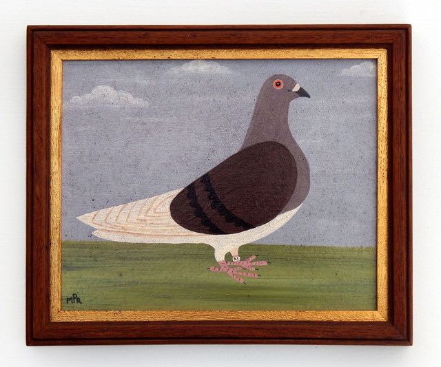 Naïve Folk Art Racing Pigeon Painting By Matt Rix In Antique Oak Frame