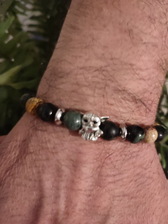 Bracelet Pandolith Homme Jaspe Paysage, Jaspe Kambala Grogu breloque argent 925