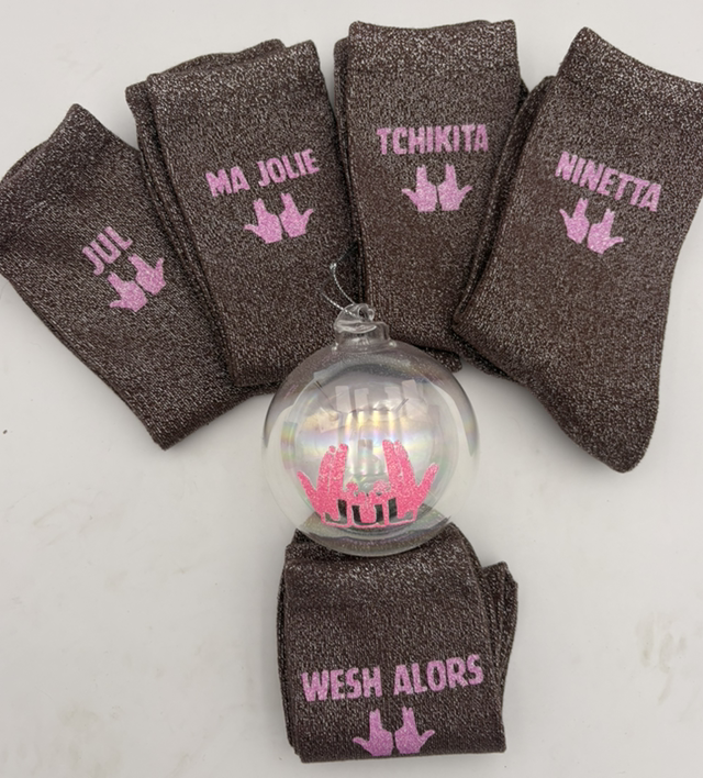 Chaussettes a paillettes marron glace et rose jul phospho