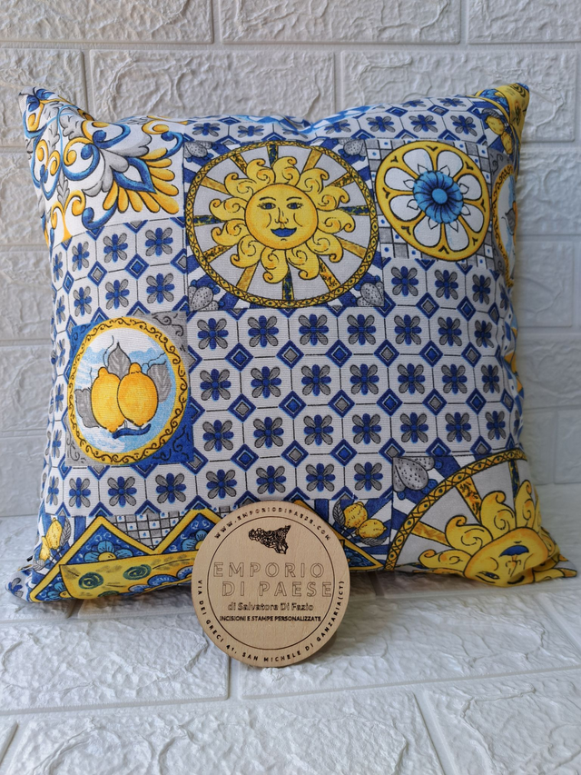 Fodera cuscino in tessuto siciliano fatta a mano maioliche blu, anche su misura
