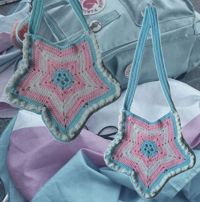 Transgender flag inspired crochet star bag 