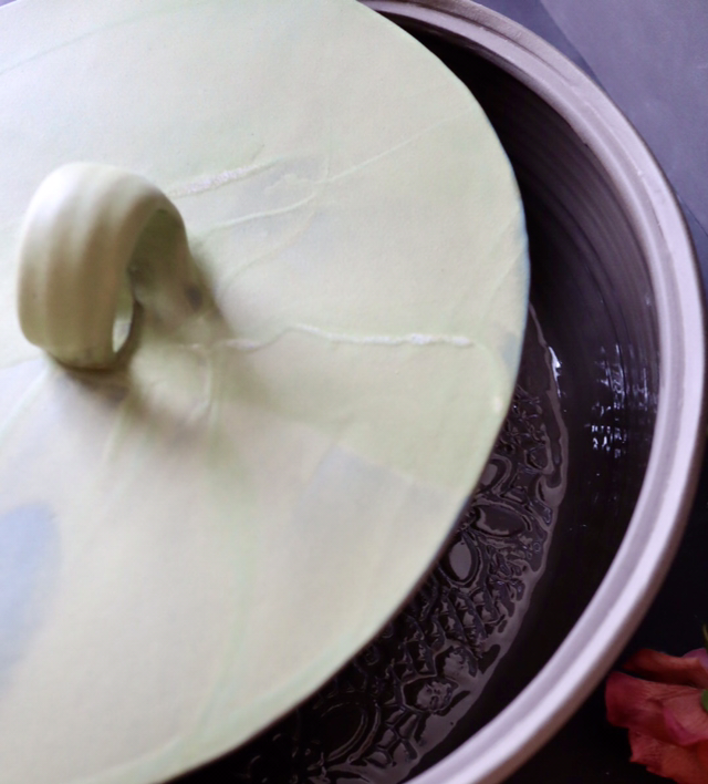 Large Oval Bread Crock, Handmade Pottery, charcoal/dark brown, nature forest colors, eye-catcher