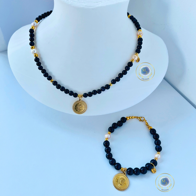 Handgemaakte Ketting & Armband Set met Blauwe Zandsteen en Zoetwaterparels – Goudkleurig | MJ Creations 