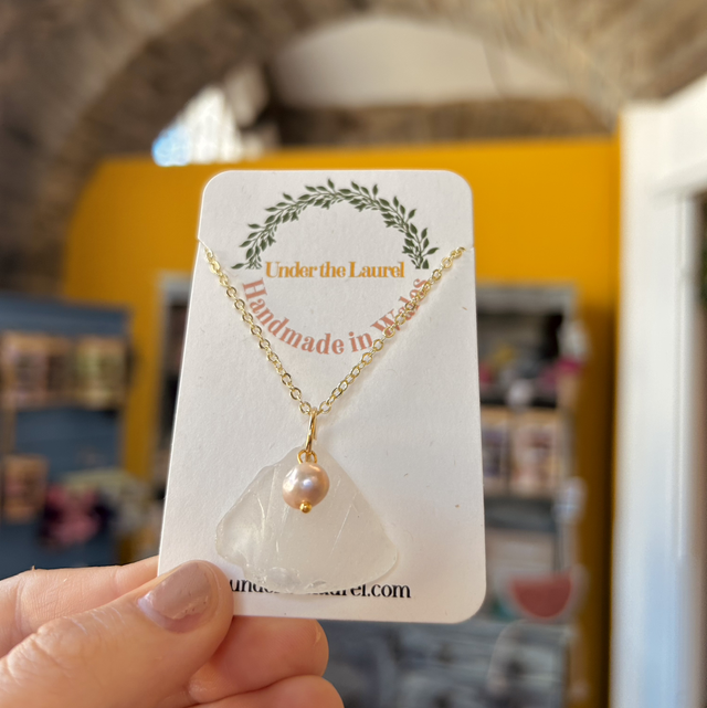 White Sea glass necklace with Pearl Gold Plated Chain