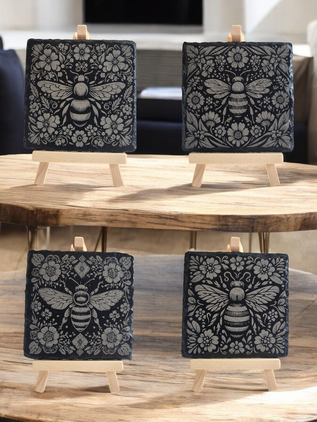 Bee Coasters Set of 4 - With Free Storage Caddy.