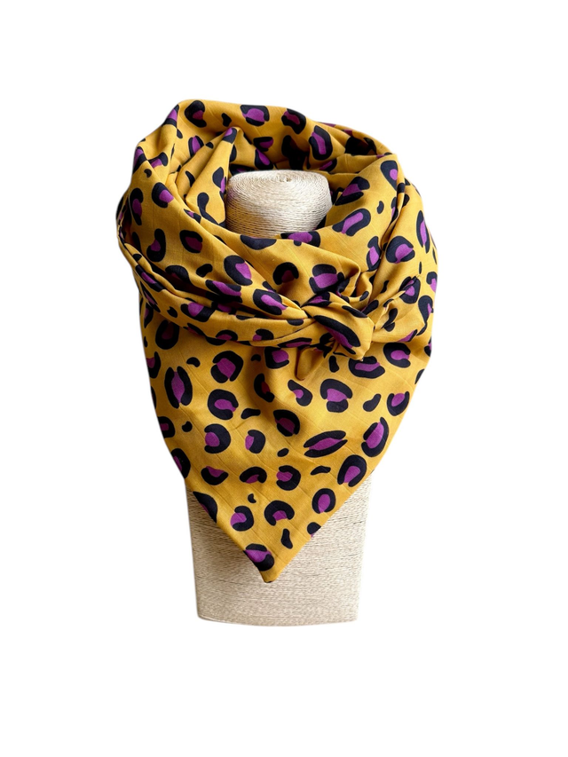 Foulard triangle - LEOPARD jaune et prune