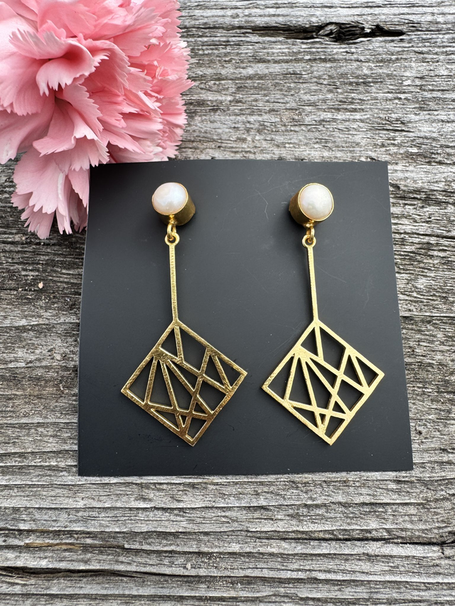 Geometric dangler earrings with pearl stud