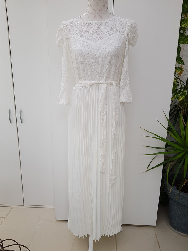 Robe De Mariée Civile Plissée Blanche Manches Longues Dentelles Taille 40 42