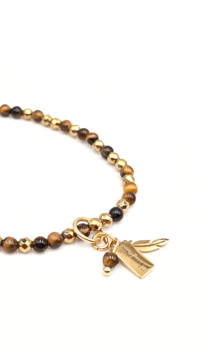 Bracelet Clara Joia Oeil de Tigre Acier Doré Plume