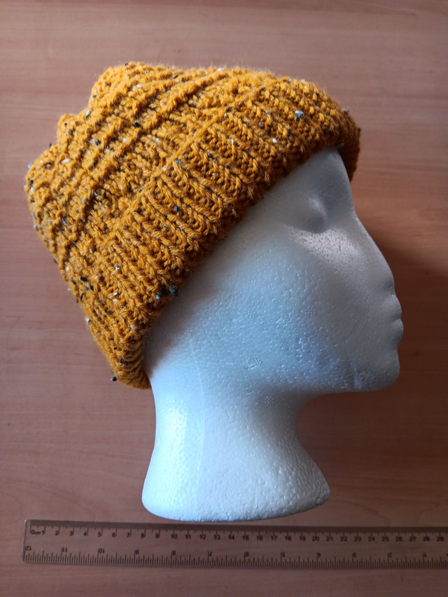 Ladies Mustard Fleck Hat hand knitted in Aran Yarn