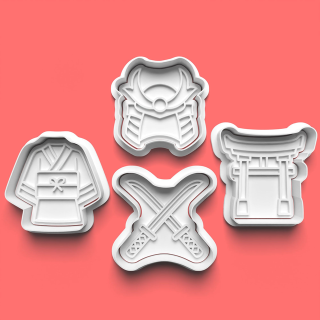 Samurai Japan Cookie Cutter Embosser Set of 4 Cutters &amp; Stamps Biscuit Mould Debossed Sugar Biscuits