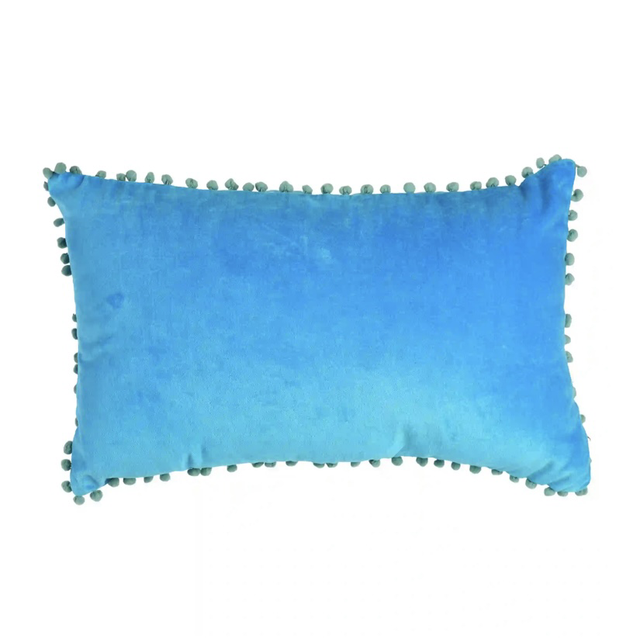 Velvet pom pom cushion - Blue