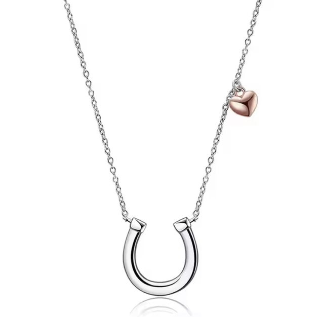 925 Silver Plated Horse shoe Necklace with Rose Gold Heart