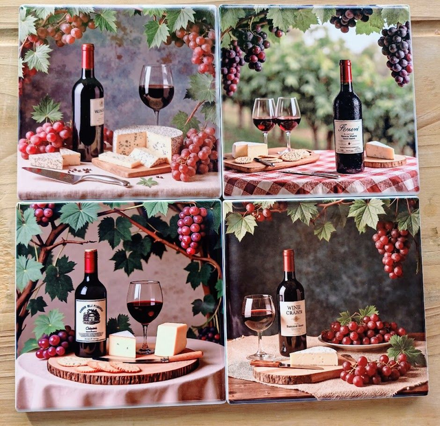  A set of four coasters featuring a bottle of wine and cheese set on a table 