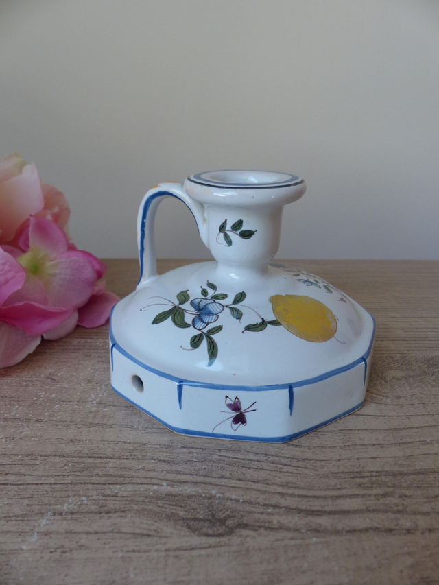 Bougeoir en faïence d'art de Malicorne signé Emile Tessier, Porte bougie peint main décoration floral pour la maison, décoration française