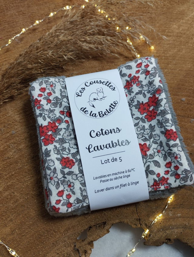 Lot de 5 cotons lavables - motif Liberty rouge