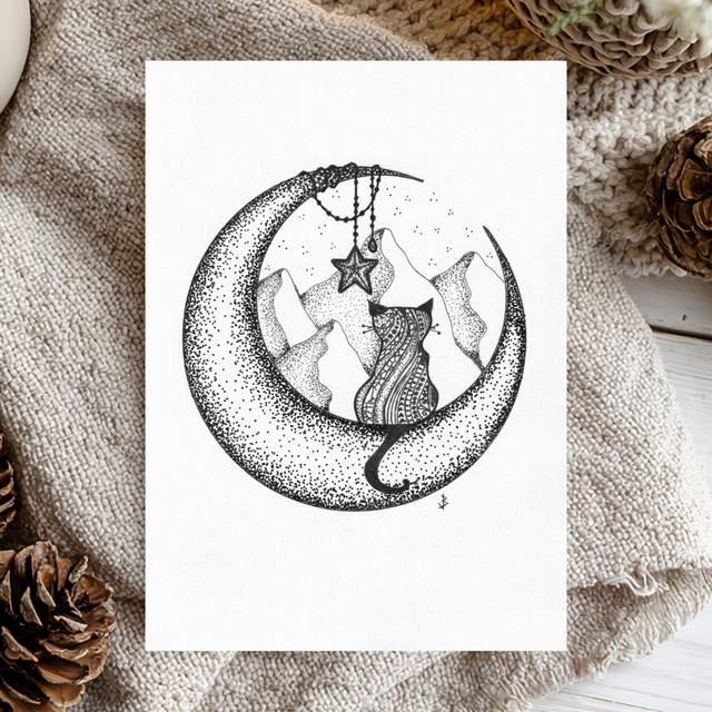 "Star Cat" Moon Pointillism Art Print (5"x7")