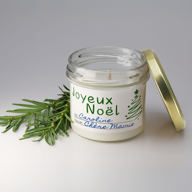 Bougie artisanale parfumée en cire de soja avec étiquette personnalisée - Cadeau pour Noël, Nouvel An, Fêtes de fin d'année, 100g (CJN16)