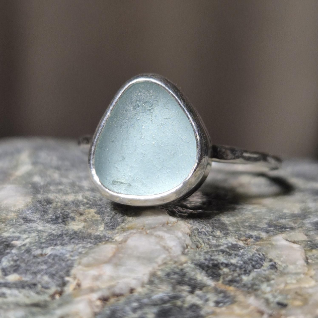 Size N Pale Aqua Sea Glass and Sterling Silver Ring Fully Hallmarked 