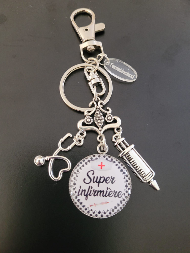 Duo Accroche-clés argenté Super infirmière Fantaisiesland &amp; pochette 
