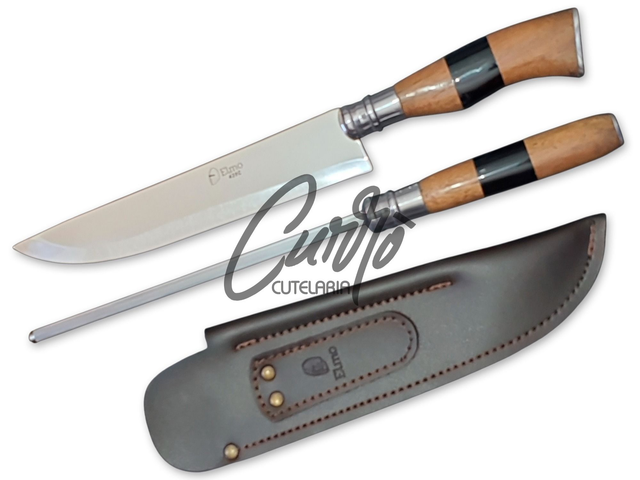 Conjunto BBQ Faca Chaira Elmo Cabo Resina Tipo Madeira Chifre 9"