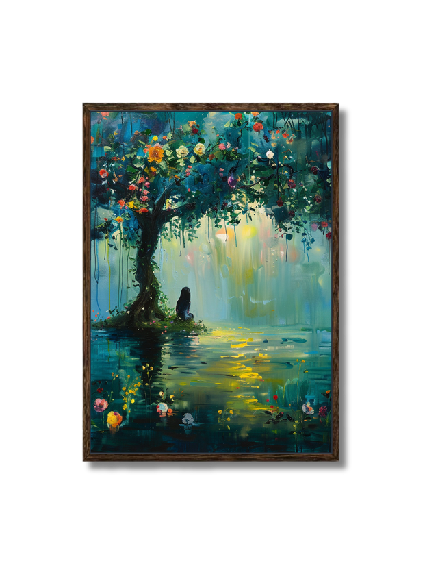 Menina meditando no lago de Lótus 