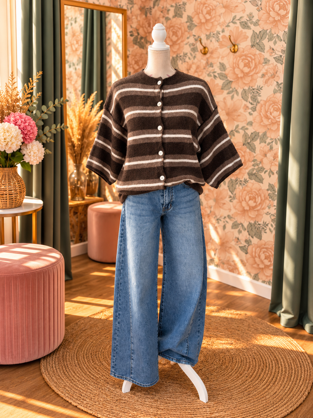 Pull manches courtes rayé chocolat-3837