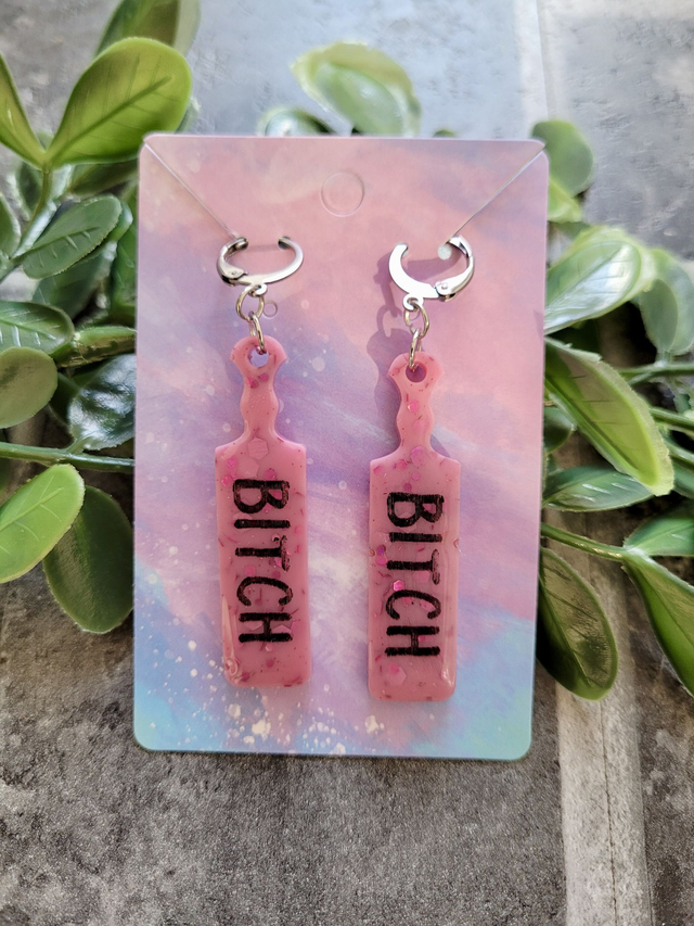 Earrings | Pink Glitter Bitch Earrings | Stainless Steel Hoops