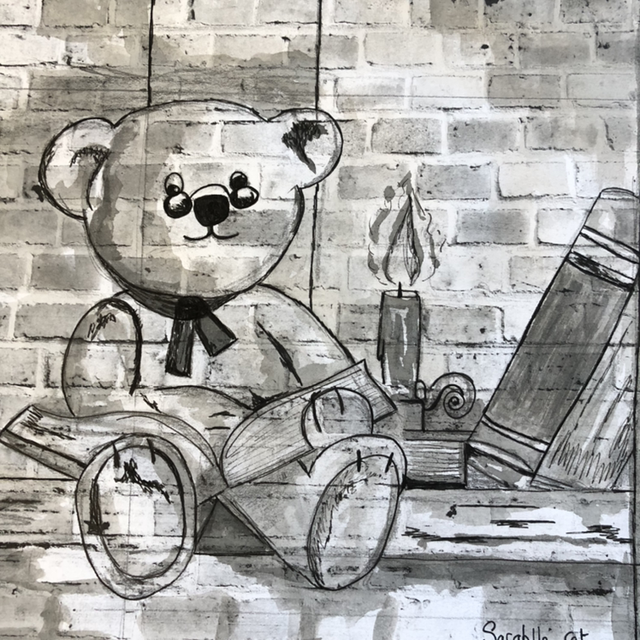 Ours &amp; lecture à la chandelle - 22 x 22 cm - encadrement blanc 