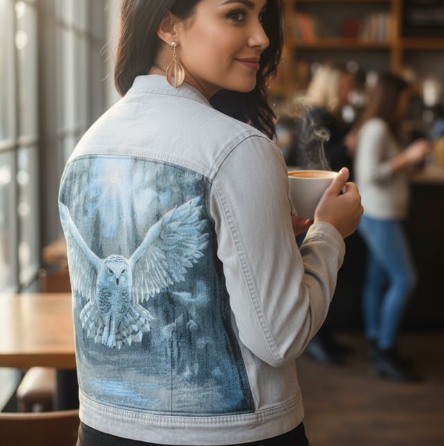 Veste en jeans grise customisée soldée hedwige Harry Potter 38/40