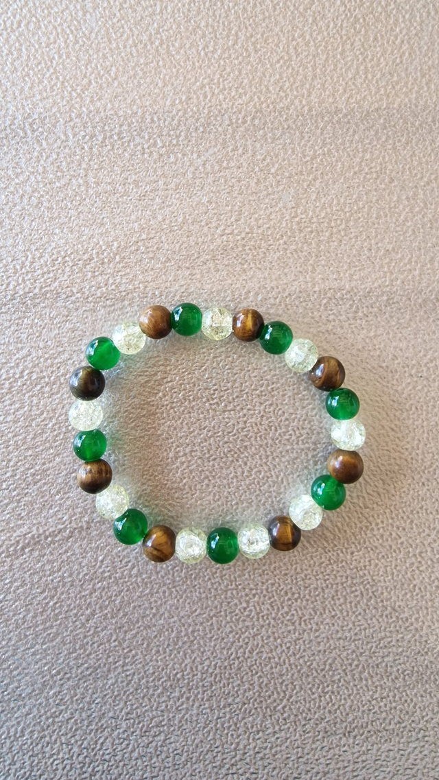 Pulsera elástica ojo de tigre, ágata verde y cuarzo craquelado