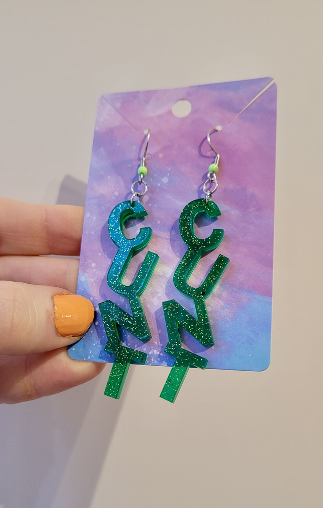 Earrings- Green Glitter CUNT Swear Earrings | Stainless Steel Shepherd Hooks