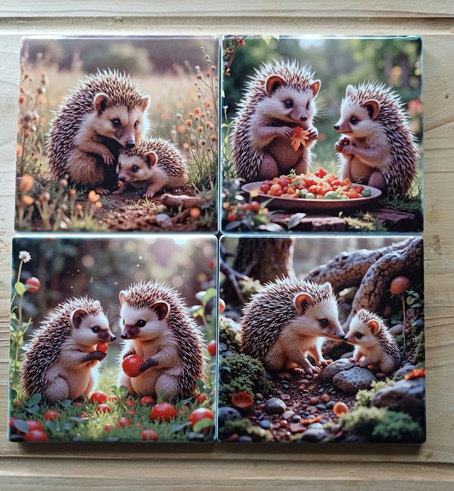 A set of four coasters featuring two hedgehogs on each coaster  