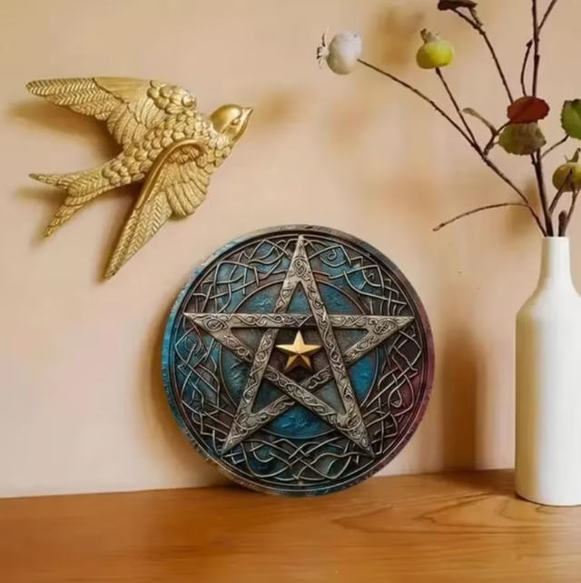 Vintage rond metalen bord Magisch Pentagram (20cm)