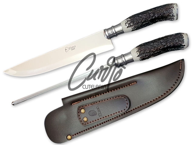 Conjunto Churrasco Faca Chaira Elmo Cabo Resina Tipo Cervo 9"