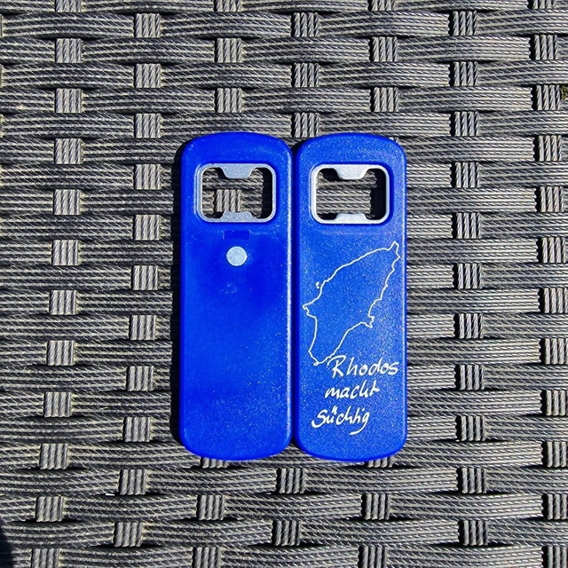 Flaschenöffner (Doppelpack) "Rhodos macht süchtig", magnetisch