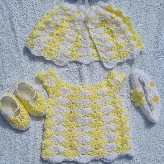 Crochet yellow white baby dress cape headband shoes outfit set prem to newborn