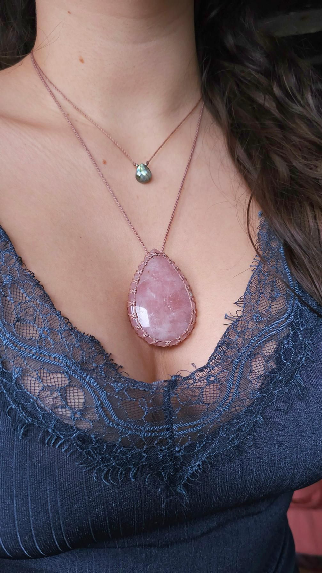 Collier quartz rose - macramé beige rosé