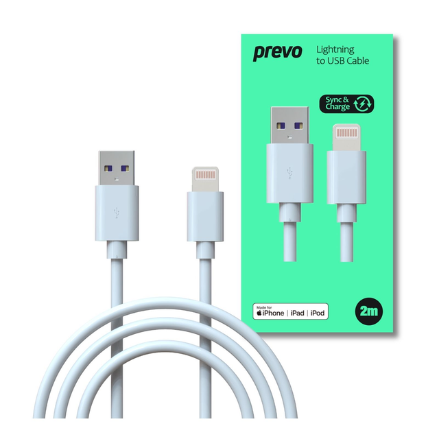 Prevo USB-LIGHTNING-2M Apple Lightning Cable. USB 2.0 A (M) to Apple Lightning (M), 2m, White, MFI Certified