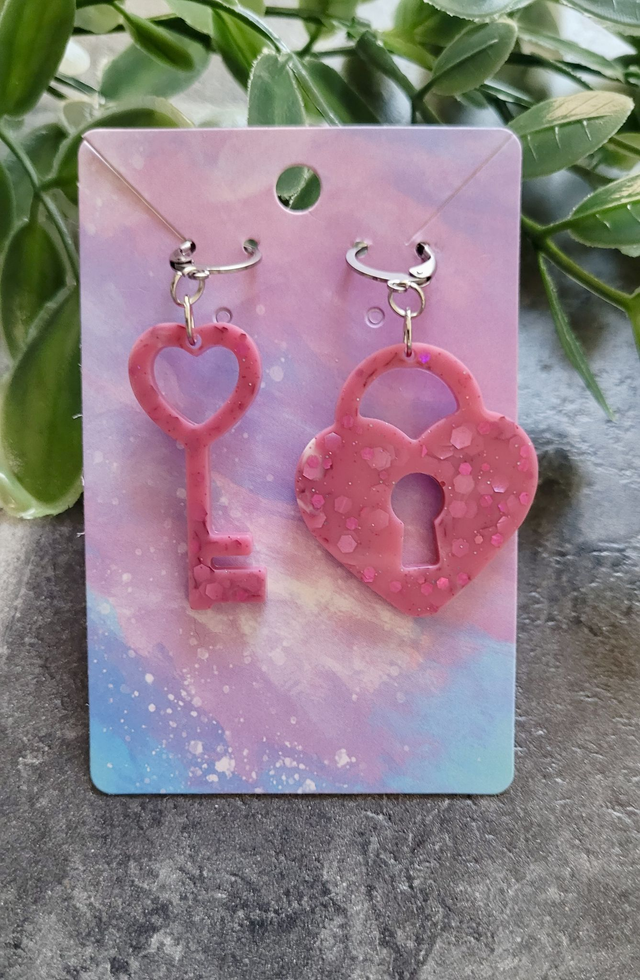 Earrings | Pink Glitter Heart Lock and Key | Stainless Steel Hoops