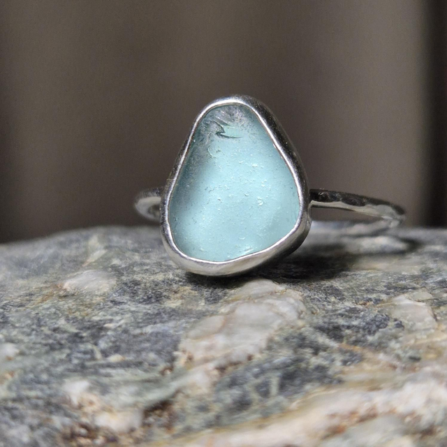 Size X Pale Aqua Sea Glass and Sterling Silver Ring Fully Hallmarked 