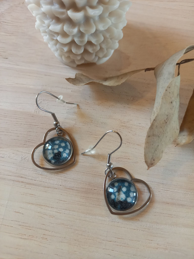 Boucles d&#039;oreilles Cabochon - tissu liberty - coeur