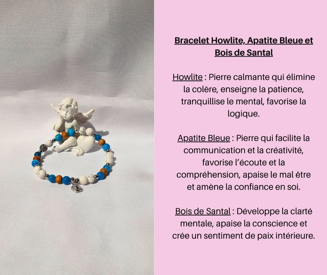 113- Bracelet Howlite, Apatite Bleue et Bois de Santal