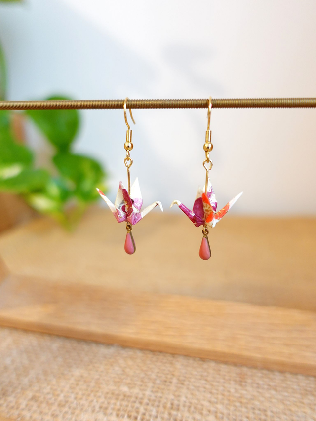 INOX doré / Origami grues, oiseaux / Papier japonais washi / Violet, Orange, or / Boucles d'oreilles origami /