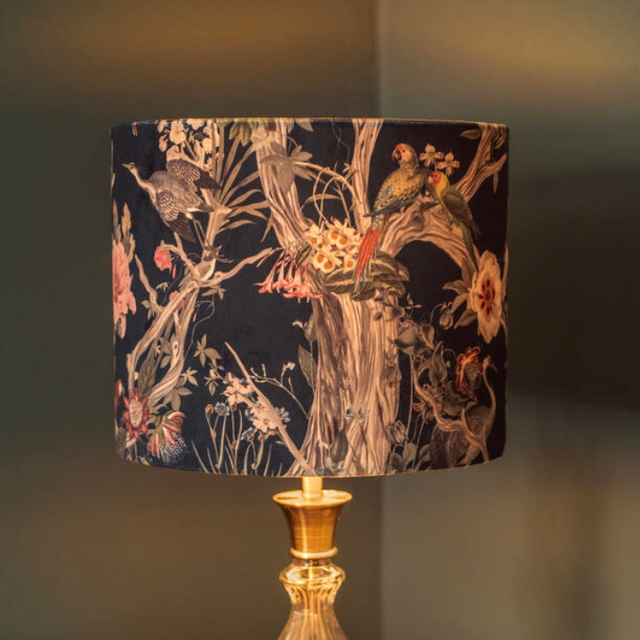 Exotic Birds Velvet Drum Lampshade – Brushed Gold Lined